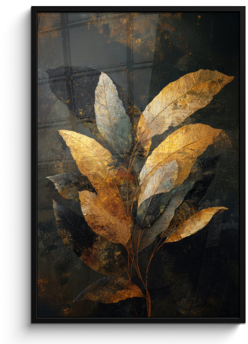 FrameYourWall Poster in lijst - Fotolijst 80x120 cm - Posters - Gouden Bladcompositie – Botanische Luxe - Posterlijst zwart - Decoratie - Wanddecoratie woonkamer - Muurdecoratie slaapkamer Bladeren - Goud - Luxe