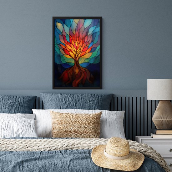 Poster in lijst - Fotolijst 40x60 cm - Posters - Sierglas - Boom - Rood - Vlakken - Posterlijst zwart - Decoratie - Wanddecoratie woonkamer - Muurdecoratie slaapkamer