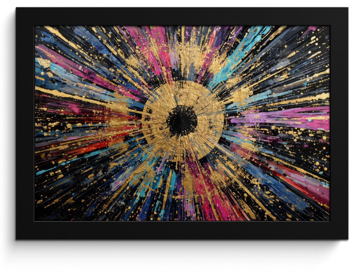 FrameYourWall Poster in lijst - Fotolijst 30x20 cm - Posters - Explosie - Goud - Kleurrijk - Abstract - Posterlijst zwart - Decoratie - Wanddecoratie woonkamer - Muurdecoratie slaapkamer