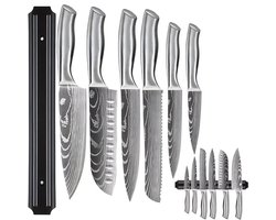 7-delige messenset, keukenmessen set, koksmes, santokumes, vleesmes, broodmes, groentemes, scherp roestvrijstalen mes, inclusief magnetisch mesblok