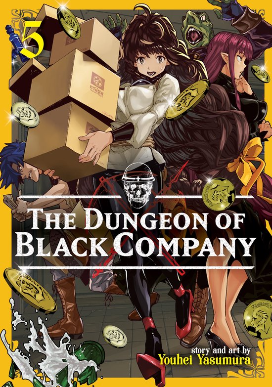 De cover van 'The Dungeon of Black Company' Volume 5, met anime-personages, dozen en gouden munten.