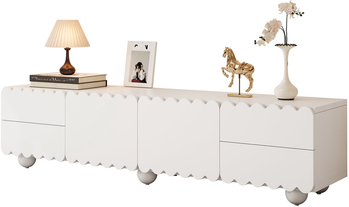 Merax Tv-Meubel Wit Met Golvende Fronten En Veel Opbergruimte - Tv-Kast / Lowboard 175 x 3