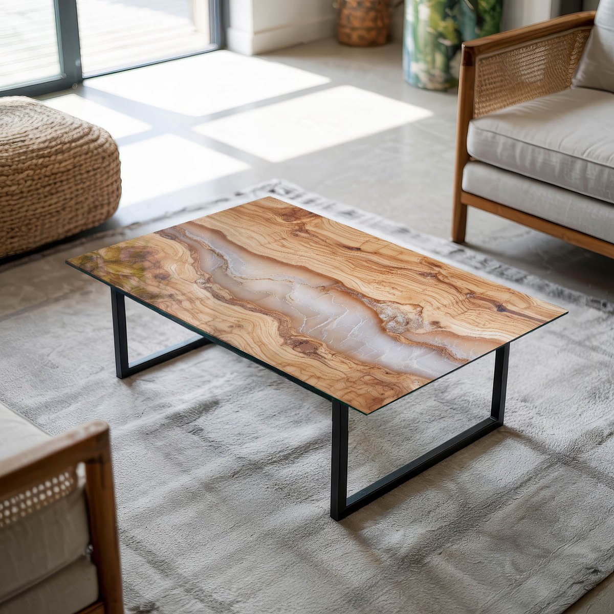 Coloray Tafelblad - Tafelblad Van Glas - 100x70 cm - Beige - Rechthoek Glazen Tafelblad - Salontafel Blad - Gehard Glas Tafelblad - Glazen Blad - Tafelblad Van Gehard Glas woonkamerdecoratie Beige - Natuurlijk hout- en harspatroon