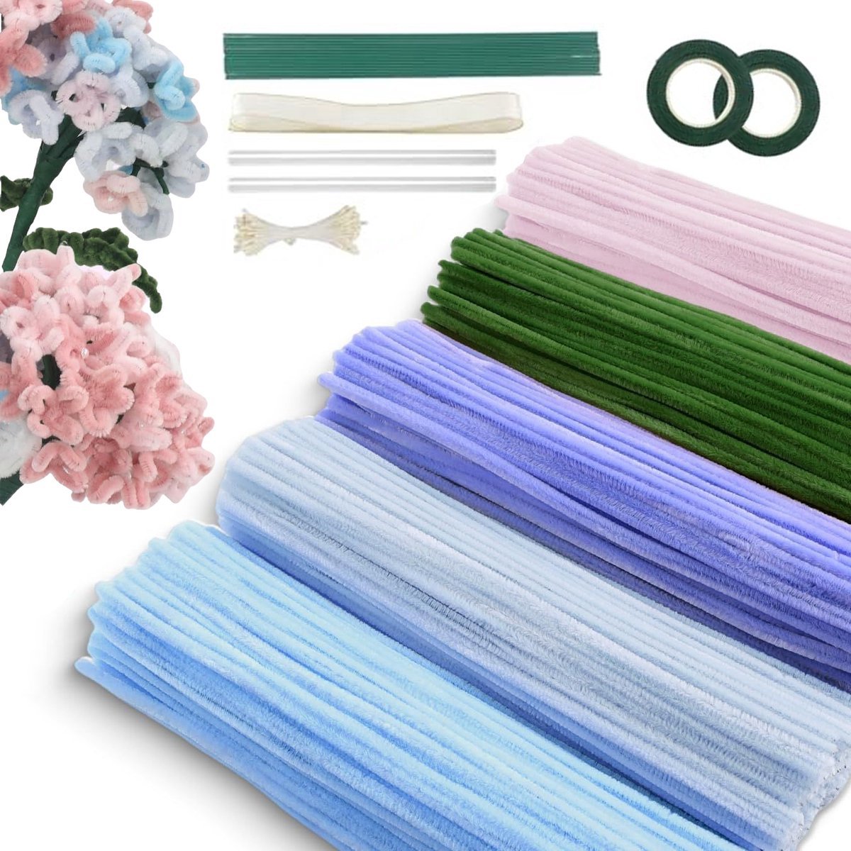 MDUG 400-delige knutselset met pijpenragers - Blauw, Paars, Roze, Groen – DIY bloemenmaakset - Inclusief pijpenragers, bloementape, meeldraden en lint – Creatieve knutselset - Maak kleurrijke tulpen en decoratieve boeketten