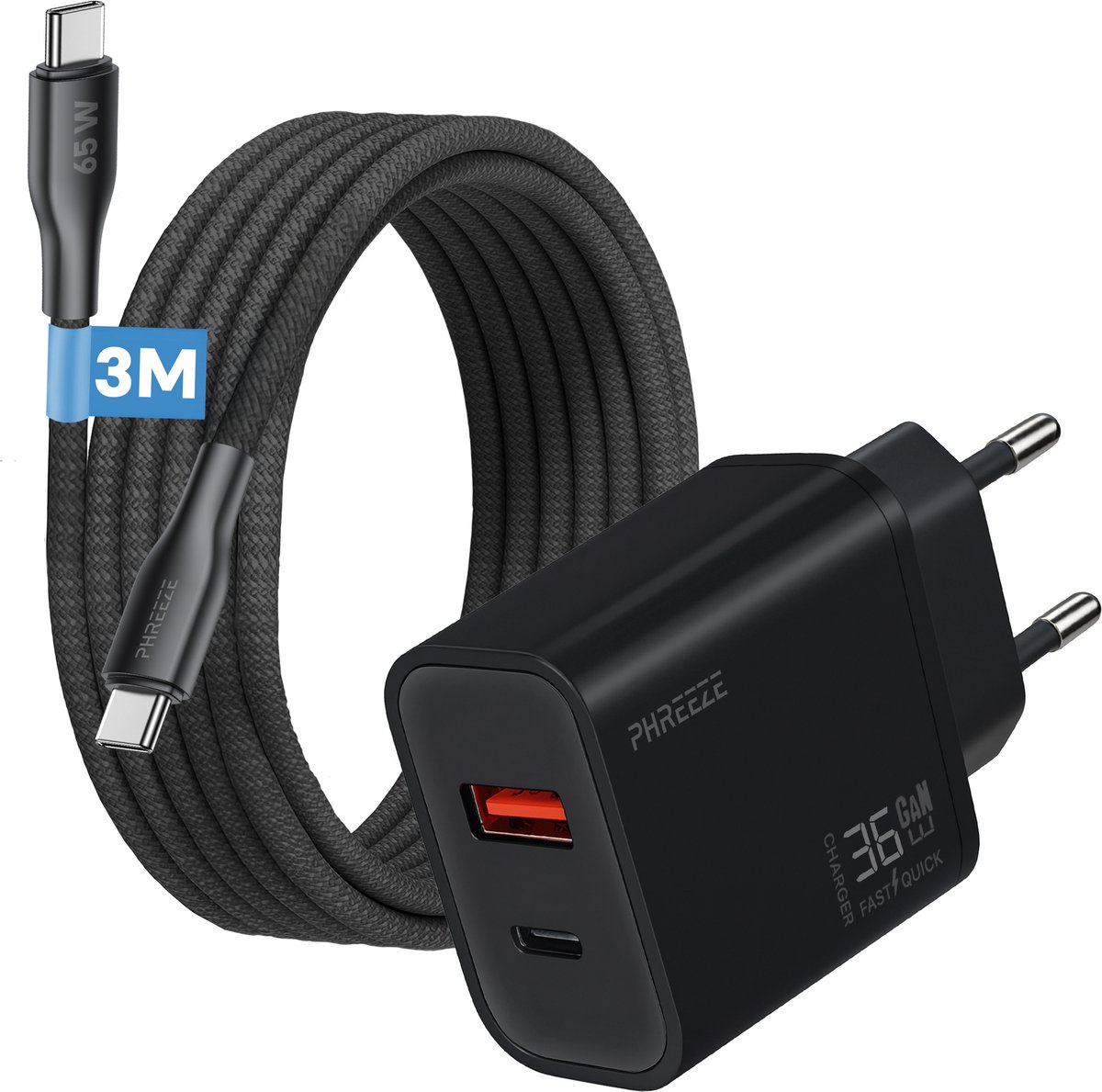 Phreeze usb C adapter 35w - Usb c kabel 3 meter - Power Delivery oplader voor telefoon en laptop