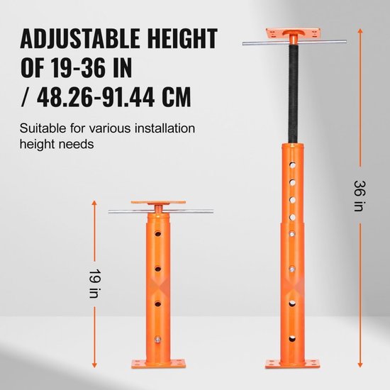 Twee oranje steunpilaren, één ingesteld op 19 inch, de andere op 36 inch hoogte. Getoond met "ADJUSTABLE HEIGHT OF 19-36 IN".