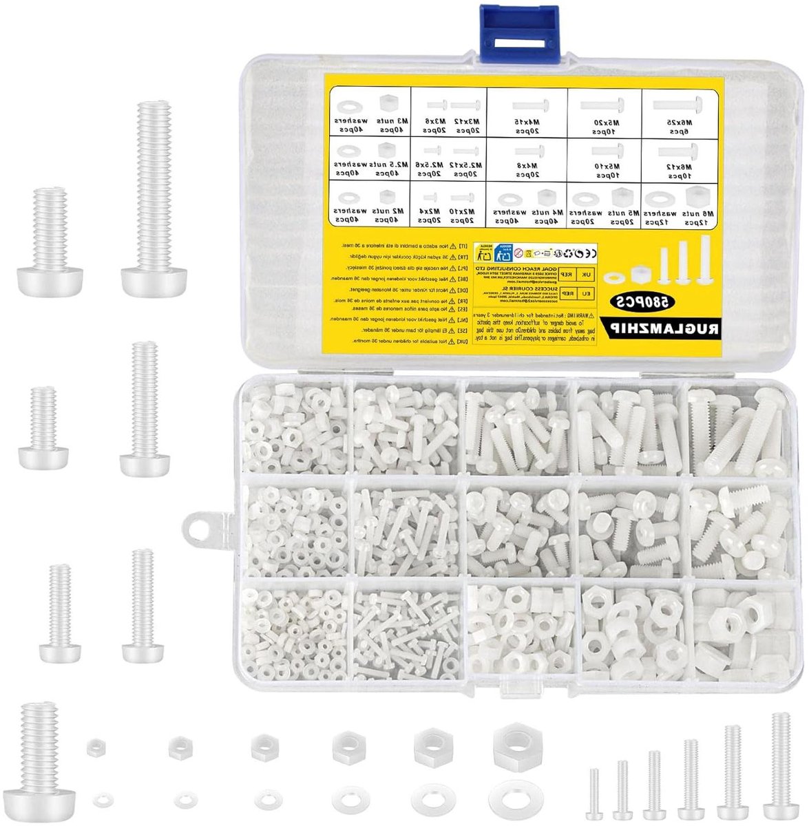 EGoods - Kunststof schroeven set met moeren en sluitringen, nylon schroeven en moeren, diverse maten - 580 stuks