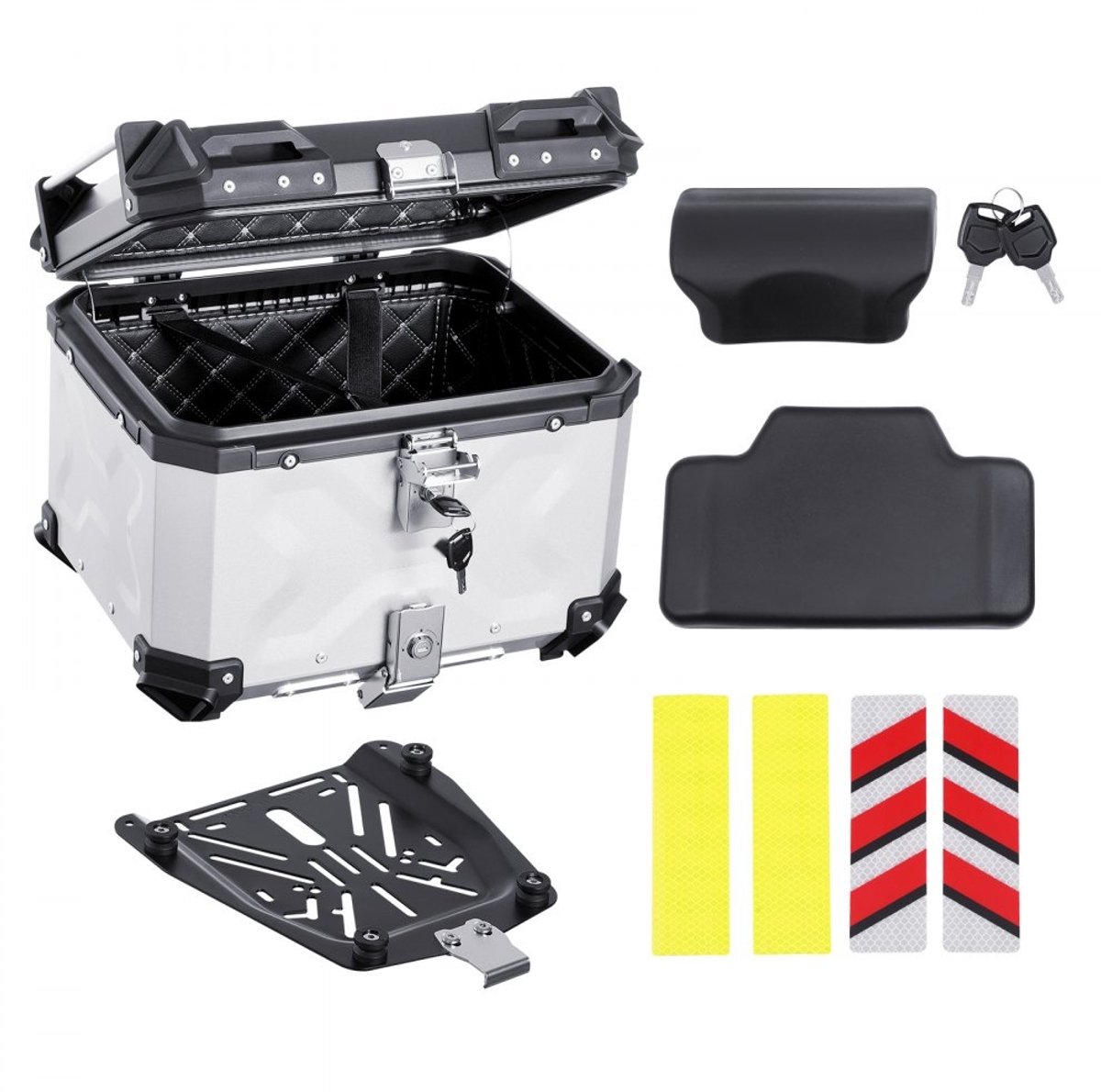Motor topkoffer - Topcase 45L - Aluminiumlegering - Afneembaar - Met Slot - Rugkussen - Leren Voering - 435 x 378 x 348 mm - Zilver