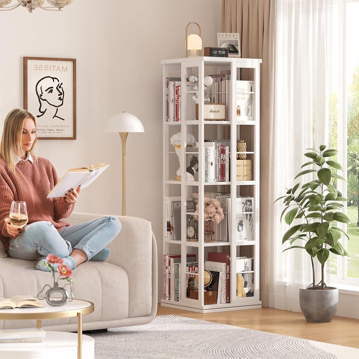 Boekenkast - Vierlaags draaibare boekenkast - Houten boekenkast - Open boekenkast - Draaibare boekenkast - Opbergkast - Geschikt voor studeerkamer, slaapkamer, woonkamer 40x40x137cm
