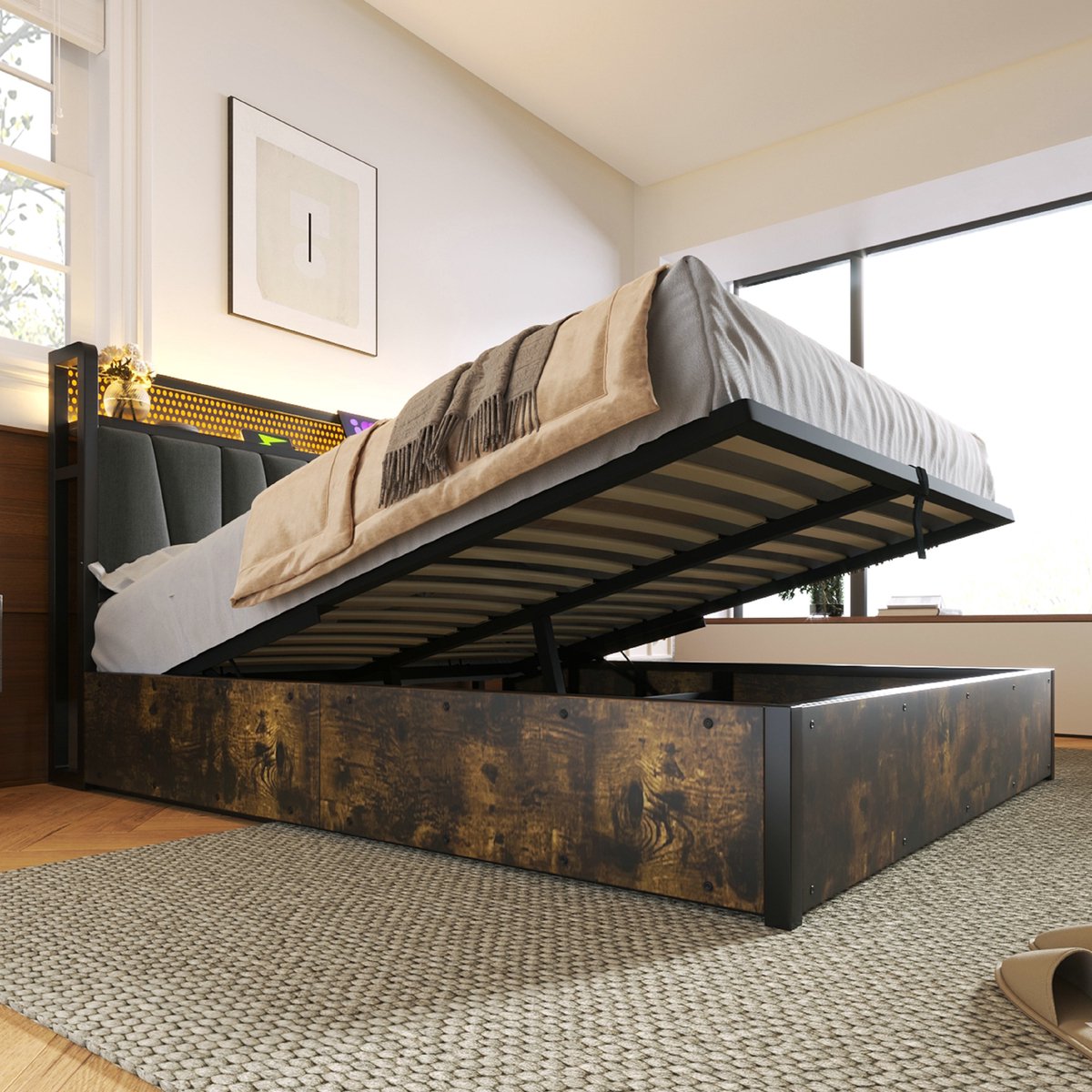 140x200 cm volwassen bed met opbergruimte en ledverlichting en 2 USB-aansluitingen + 2 stopcontacten, tweepersoonsbed met houten lattenbodem, linnen, grijs