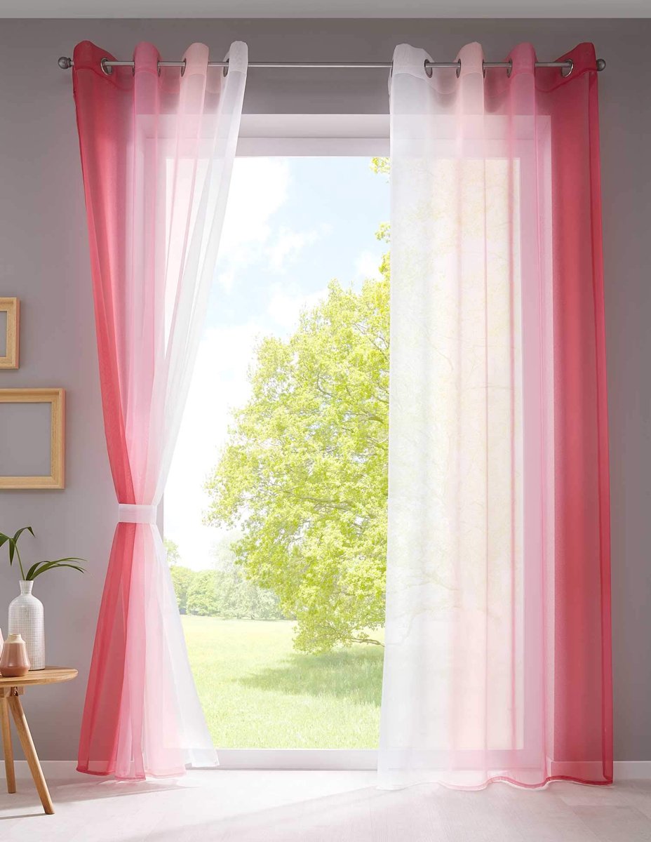 Unyqoos Transparante gordijnen met roze kleurverloop en zilverkleurige ogen 245x140 cm