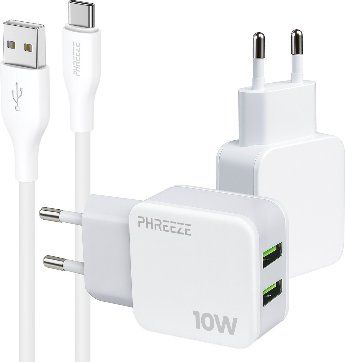 Phreeze usb adapter 10 W - Usb C naar usb kabel 1 meter - Dubbele usb poort oplader voor telefoon en tablet