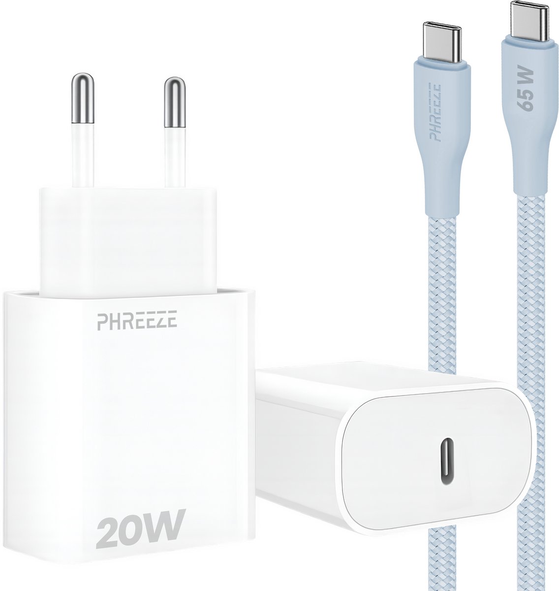 Power Delivery oplader met 20w usb C poort - Usb C kabel 1m blauw - Usb C naar usb C