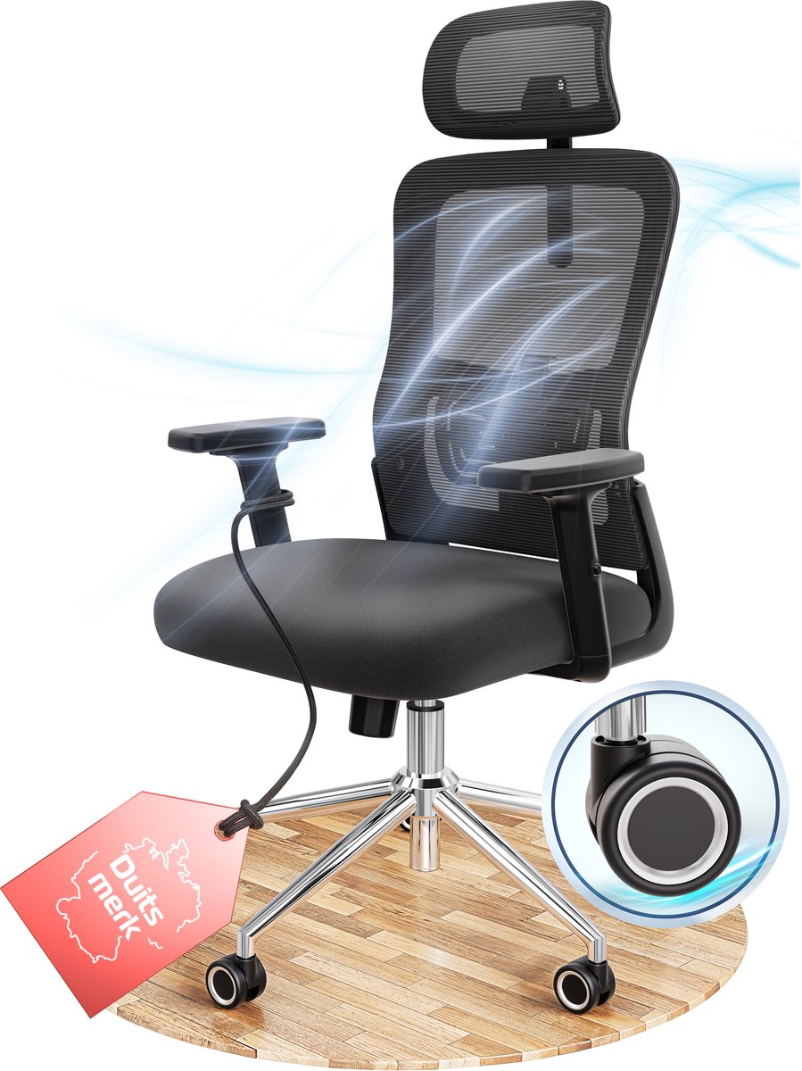 CLOUVOU BrightSeat Ergonomische Bureaustoel voor Thuis & Kantoor - Gaming Stoel - Verstelbare Lendensteun - Max. 150 kg - Zwart