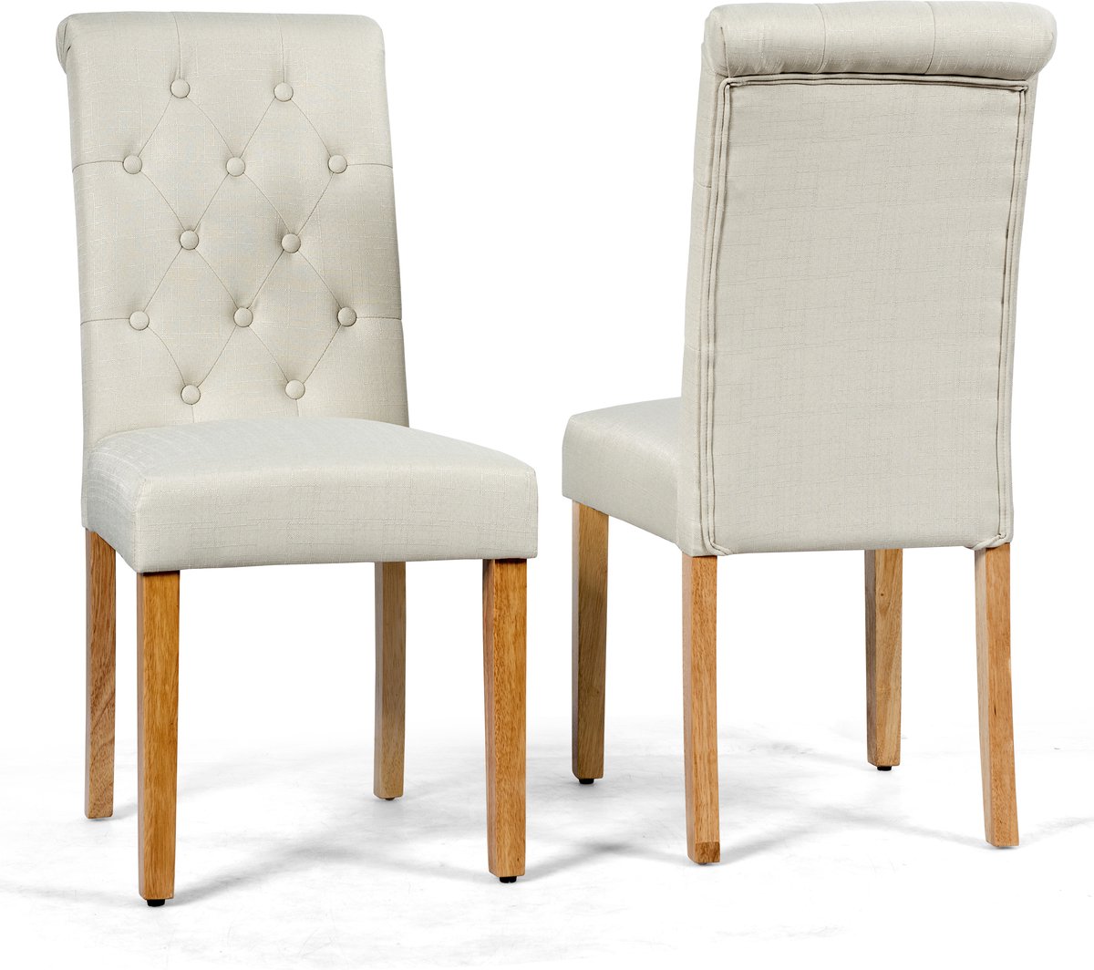 Costway Set van 2 eetkamerstoelen, keukenstoel met rubberen houten poten, gestoffeerde stoel met hoge rugleuning, bijzetstoel, accentstoelen, tot 150 kg belastbaar, voor eetkamer (beige)