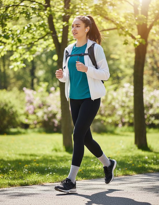 Vrouw met paardenstaart jogt in een park, draagt turquoise T-shirt en zwarte legging.