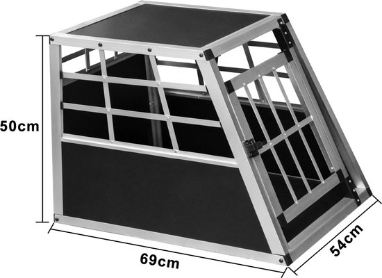 Aluminium hondenbench met zwarte panelen, afmetingen 69cm x 54cm x 50cm.