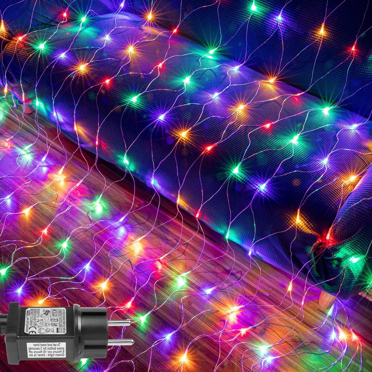 MUPOO Netverlichting Buiten Multicoloure - 1,5 x 1,5 meter - 96 LED's - Net Kerstverlichting - Kerstnet Lichtgordijn - met 8 modi - Geheugenfunctie - Sfeervolle Gordijnverlichting - voor Bushe Garden Yard Party Decor