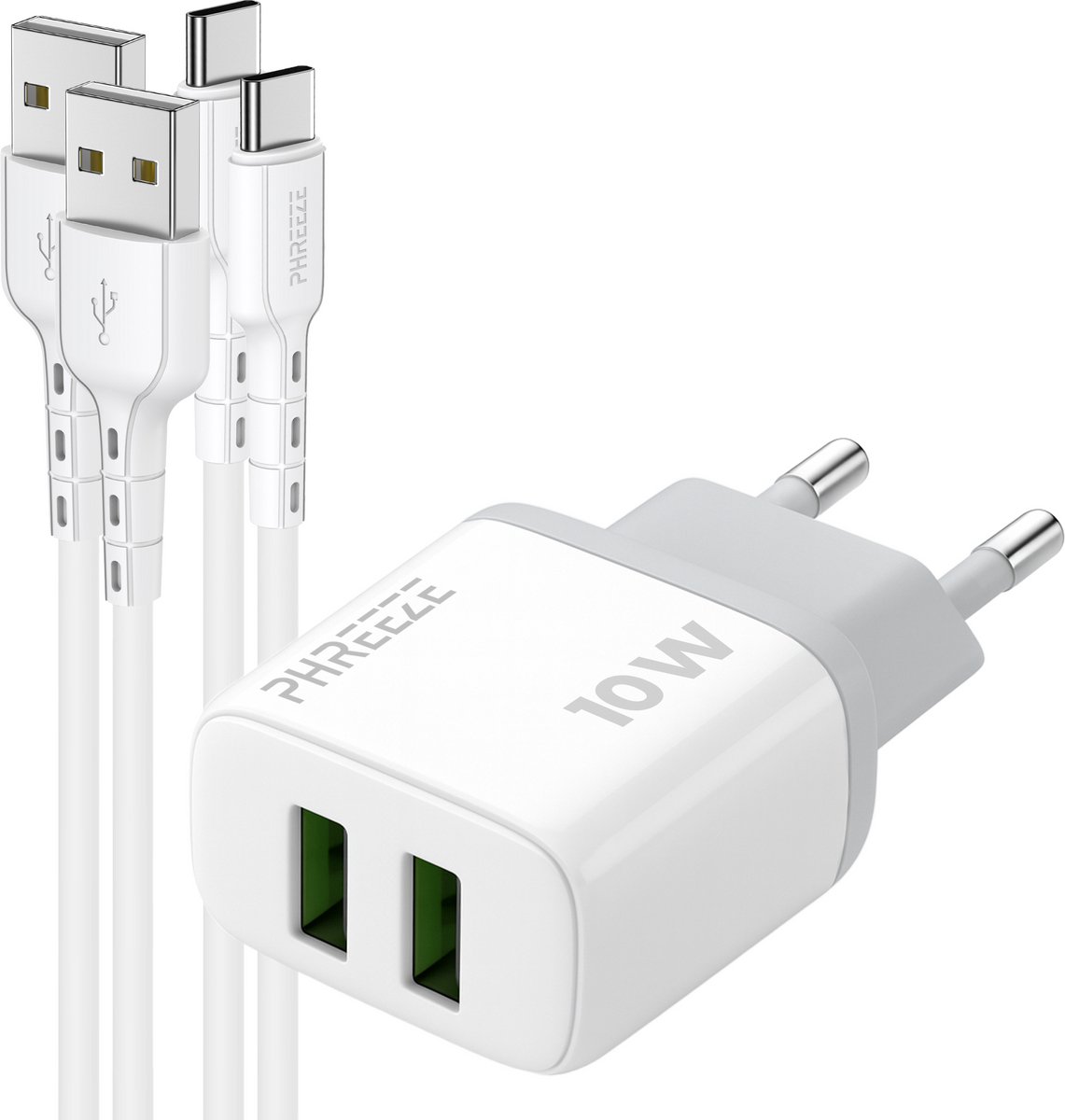 Phreeze usb oplader 12 W - Dubbele usb poorten - Power adapter 2.4 A met 2 usb A naar usb C kabels 1 m - Oplader voor telefoon en tablet