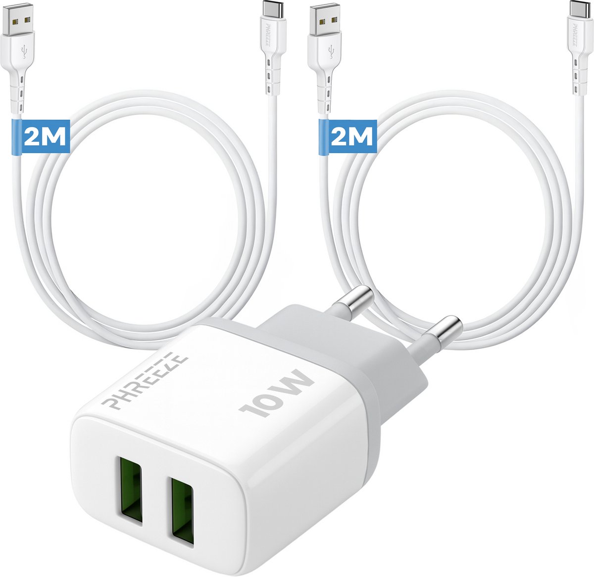 Phreeze usb oplader 12 W - Dubbele usb poorten - Power adapter 2.4 A met 2 usb A naar usb C kabels 2 m - Oplader voor telefoon en tablet