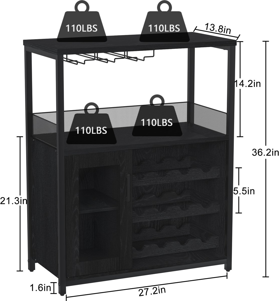 Brisakys Wijnkast, keukenkast met afneembaar wijnrek en geïntegreerde glashouders, commode hout, dressoir 72x35x90 cm Zwart – foto 2