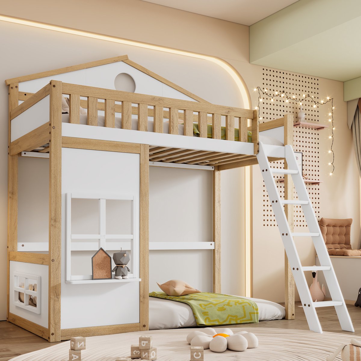 OKWISH Kinderstapelbed - 90x200 - Hoogslaper Met Gitter, Dak En Veilige Omheining - Hout - Onbehandeld