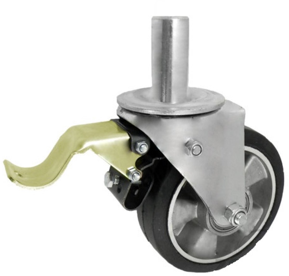 Aluminium-rubber wiel met rem, fi 180, zwenkbaar met pen
