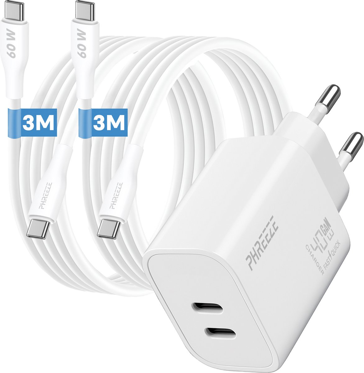 Phreeze 40 W usb C oplader - Dual port GaN charger met 2 usb C naar usb C kabels 3m - Snellader voor telefoon en tablet