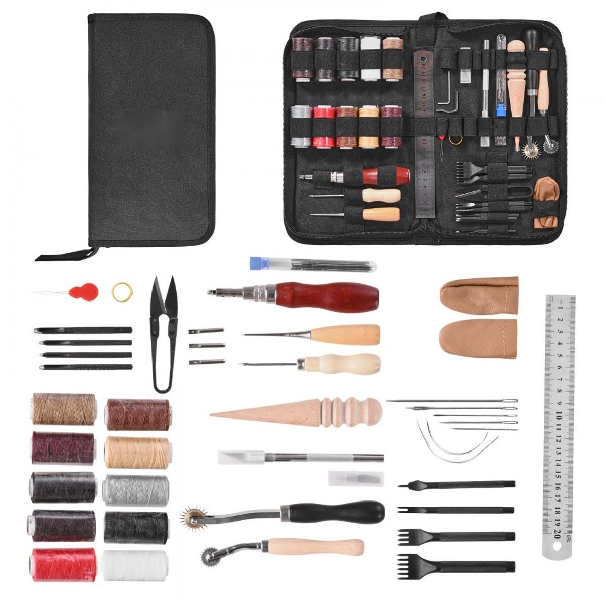 Leer- en Lederbewerkingsset - 38-delige Set - Snij-, Stans- en Naaigerei - Prikvorken, Priemen - Stempels en Beitels - Canvas Opbergtas - Voor Beginners en Professionals
