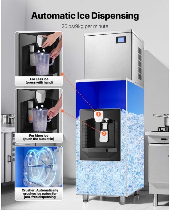 IJsblokjesmachine - Commercieel - Productie 163 kg/dag - IJsopslag 80 kg - Automatische ijsdispenser 9 kg/min - Zelfreinigend - Touchscreen bediening - Voor horeca/bar/restaurant van Merkloos — afbeelding 3