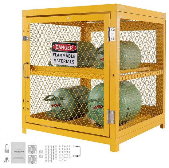 Gasflessen opslagkooi - Horizontale cilinderkast - Capaciteit 4 x 15 kg gasflessen - Afmeting 79 x 76 x 89 cm - Voor propaan, zuurstof, stikstof, koelmiddel - Poedergecoat - Geel — afbeelding 2
