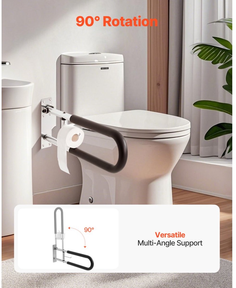Toiletbeugel - Opklapbare Wandbeugel Voor WC Met Papierhouder - Lengte 76,5 cm - Draagvermogen 136 kg - Antislip Greep - Ruimtebesparend - Voor Senioren en Rolstoelgebruikers