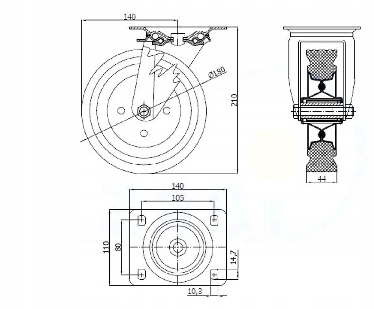 Zwenkbaar Zwart Rubber Wiel 180mm - 160kg Laadvermogen