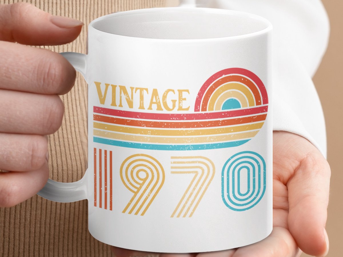Mok Vintage 1970, Verjaardagscadeau Idee, Retro Zonsondergang Design, Vijftigste Verjaardag, Aangepaste Koffiemok, Jaren 70 Stijl
