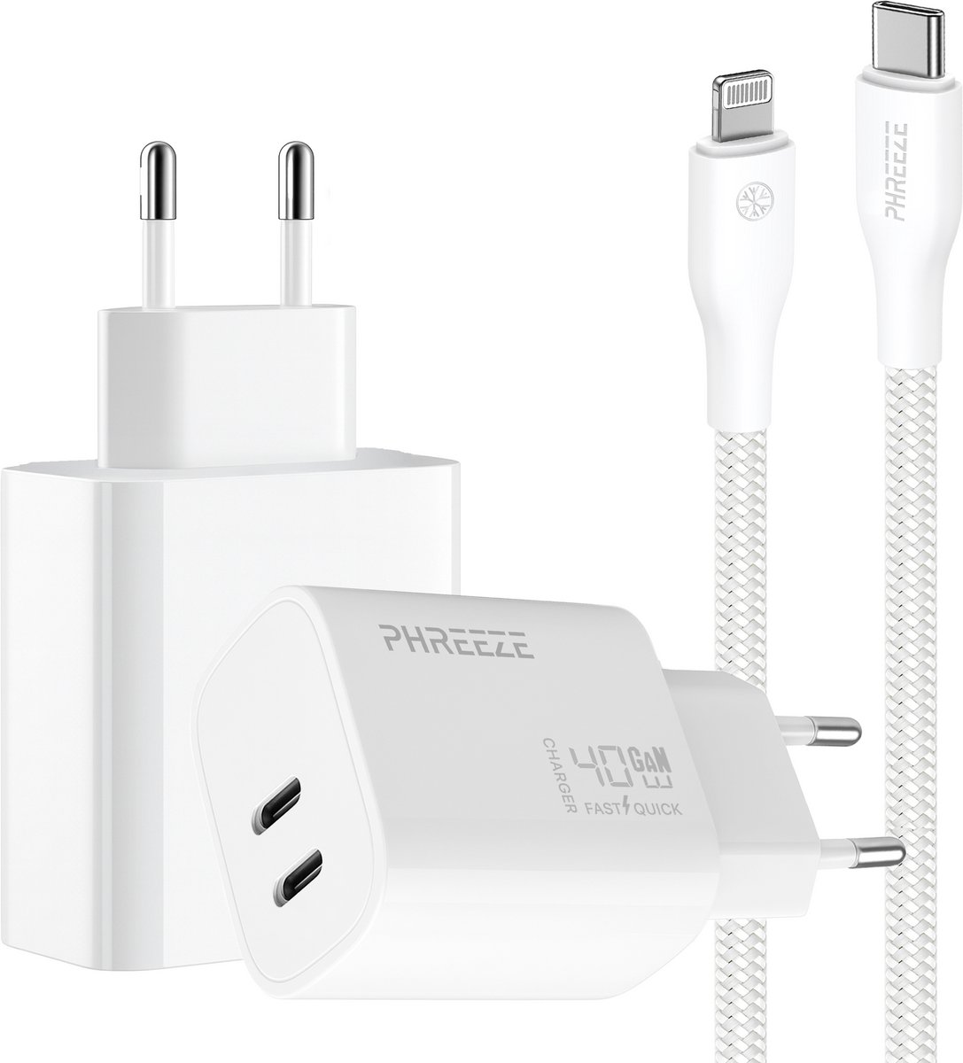 Phreeze usb C oplader met kabel geschikt voor iPhone en iPad met Lightning kabel - Power Delivery snellader met 2 usb C poorten