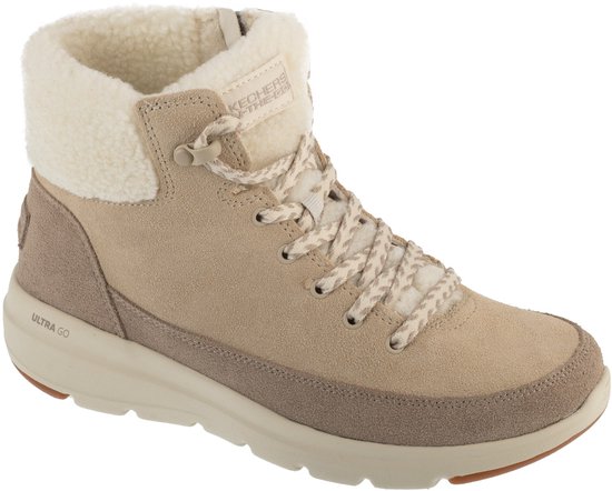 Vue de côté d'une botte beige avec col en fourrure, lacets et fermeture éclair.