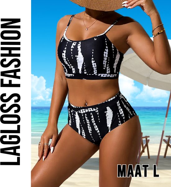 Set bikini imprimé Zwart et Wit LaGloss® pour femme – Bracelets spaghetti ultra-extensibles – Maillots de bain de bain gainant pour la plage et la piscine – Taille L