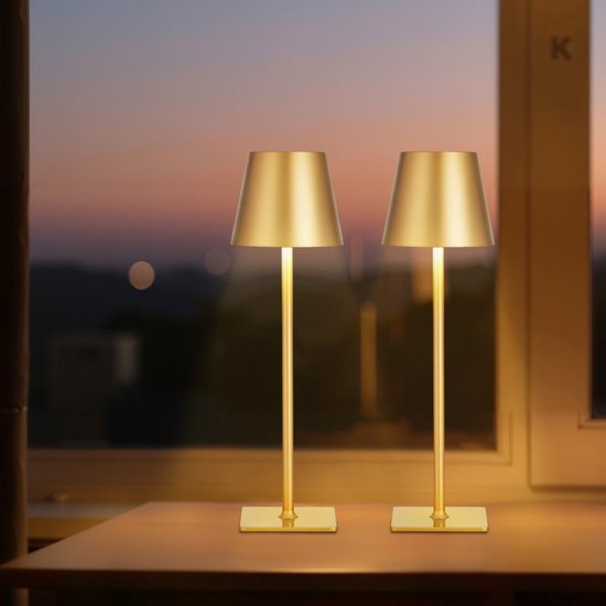Draadloze tafellamp set van 2 - Oplaadbare Bureaulamp - Accu 5200 mAh - Traploos Dimbaar - 3 Lichtkleuren - Kleurtemperatuur 3000–6500 K - Goud