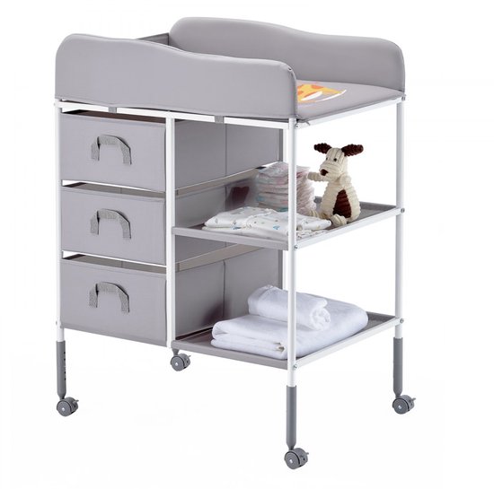 Baby aankleedtafel/verschoontafel - Draagbaar op wielen - In hoogte verstelbaar - 3 Stoffen lades - Vergrendelbare wielen - Opbergvakken - Grijs