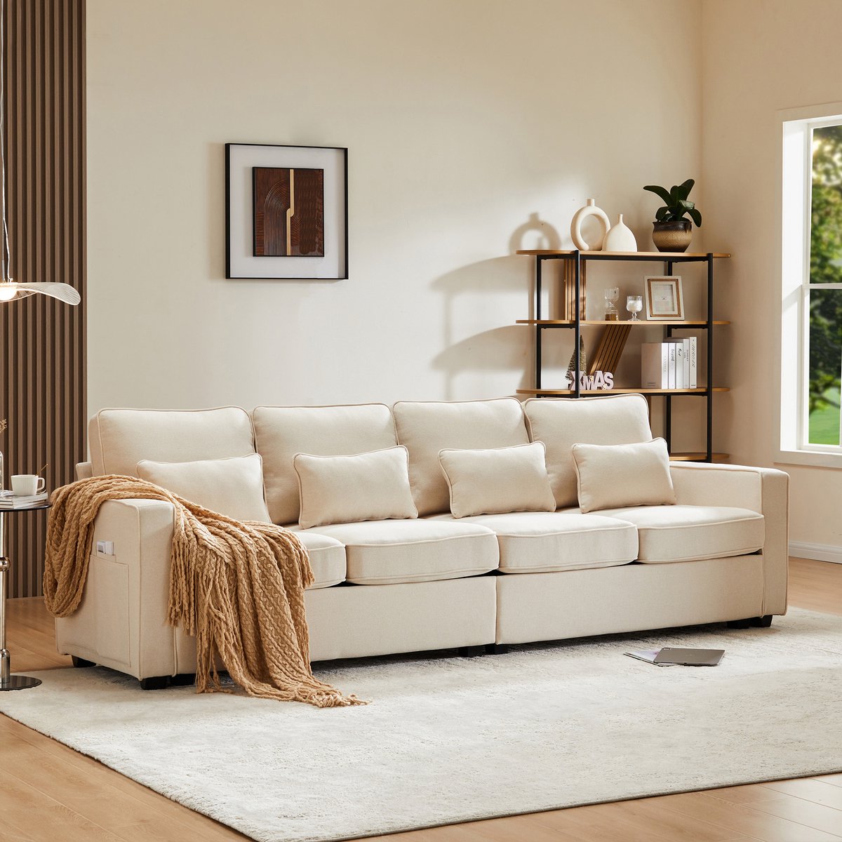 OKWISH Bank - 4-Zits - Comfortabel Woonkamersofa Met Verplaatsbare Voetensteun - Linnen - Beige