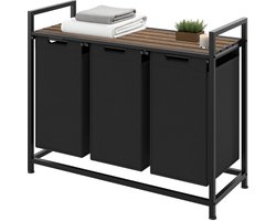 tectake® Wassorteerder - Wasmand met 3 vakken en deksel - Industriële stijl - Uittrekbare vakken - In hoogte verstelbare kunststof voetjes - Wasbox - Waskorf - 34x93,5x72cm