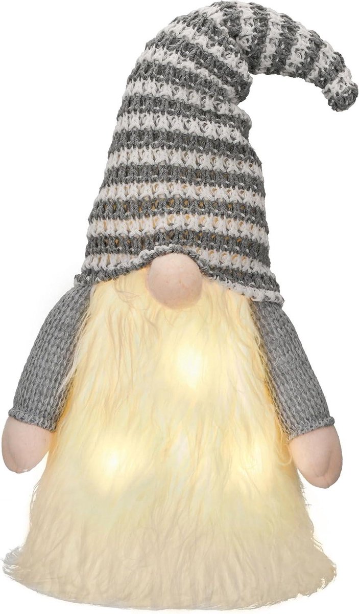 Cosensi - Kerstboomtopper decoraties voor feestelijke kerstboom - Scandinavische kabouter - 41,9 cm - grijs en wit - LED-verlichting - timer - batterijbox - sfeervolle decoratie