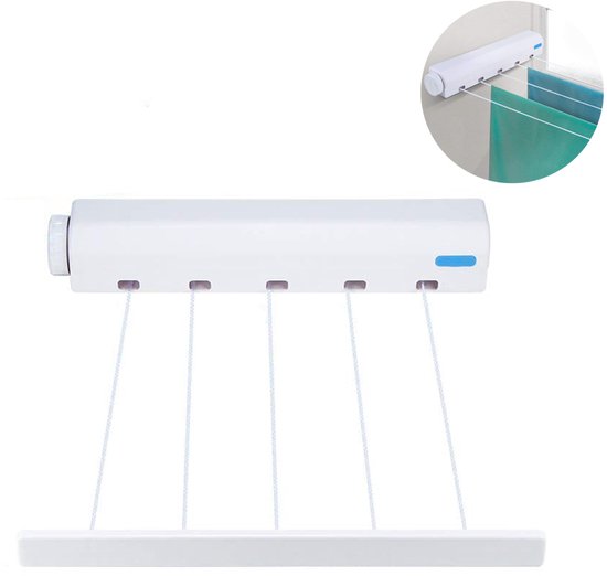 Gigicial Uitschuifbare Waslijn - Wanddroger - Ruimtebesparend Droogsysteem Met 5 Lijnen Van 3,75 M - 1 Stuk - Algemeen Gebruik Wit