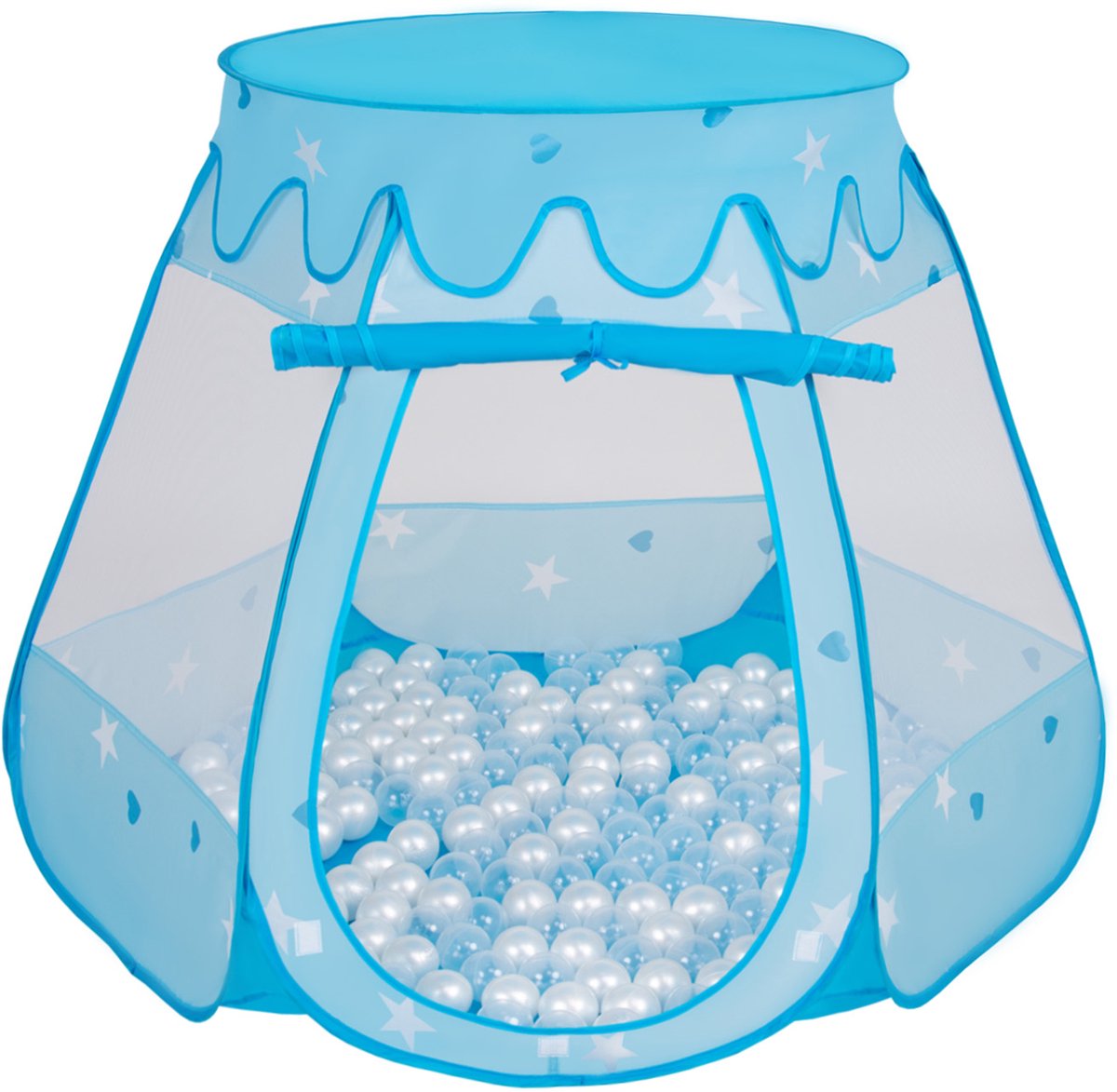 Selonis Jongens en Meisjes Kasteeltent voor Kinderen met 100 ballen - Snel Opvouwbaar met Afneembaar Dak en Ademend Gaas - Buitenspeelgoed en Binnenhuis Plezier met Opbergtas - blauw:parelmoer/transparant