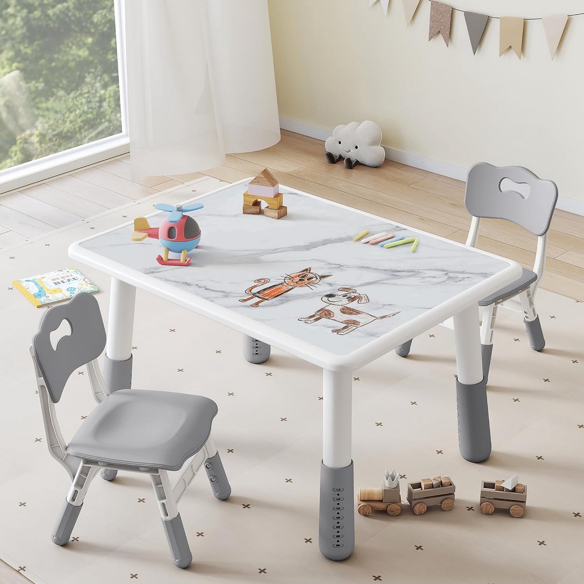 In hoogte Verstelbare Kinderbureau Set met 2 Stoelen - Peuter Tafel en Stoelen met Marmer/Graffiti Design