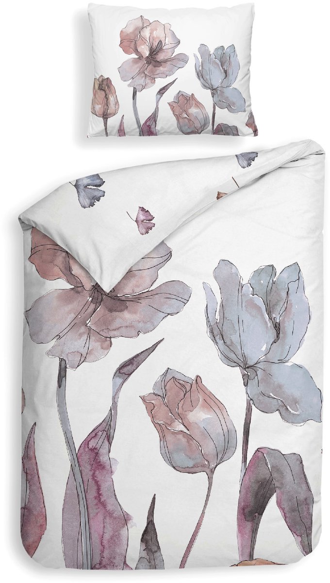 Heckettlane Dekbedovertrek Zeljko - Bedlinnen met Bloemen print - 140x200-220 cm - Wit - Dekbedovertrek van 100% Katoen-Satijn White