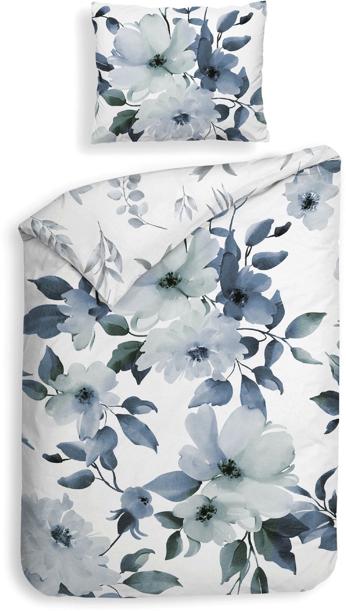 Heckettlane Dekbedovertrek Kristoffer - Bedlinnen met Bloemen print - 140x200-220 cm - Blauw - Dekbedovertrek van 100% Katoen-Satijn Blue