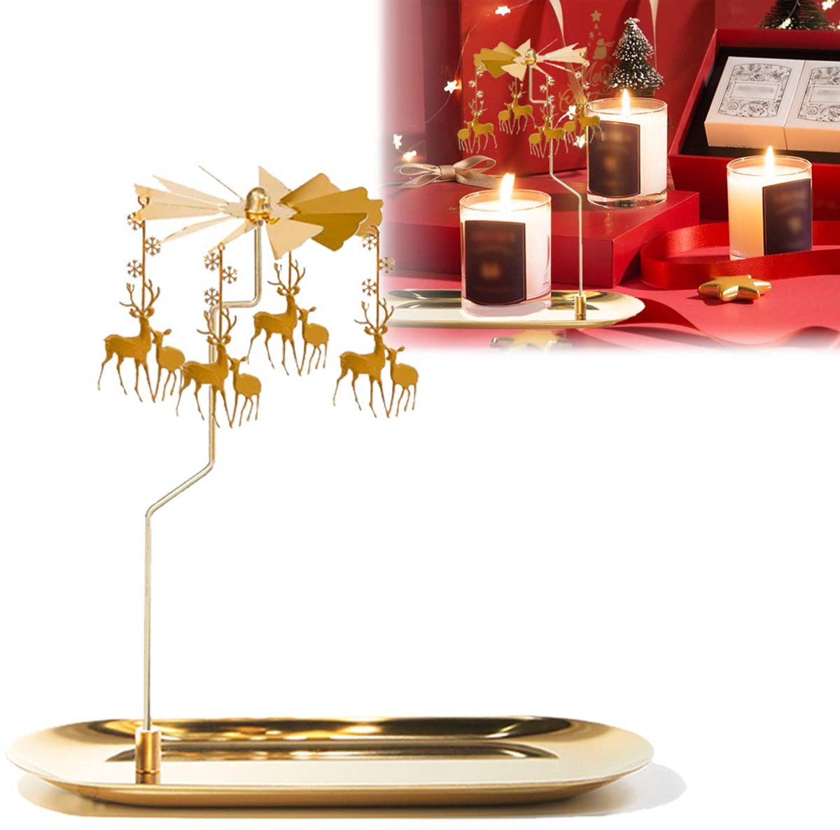 SWGOTA 1 stuk - Kandelaar - Metalen kandelaar - Draaibaar rendier - Kaarsenstandaard - Theelichthouder met dienblad - Geschikt voor tafel, kerst- en Valentijnsdagdecoraties - Rendierontwerp - Kaarsenplaatsing - Opbergdienblad - Goud