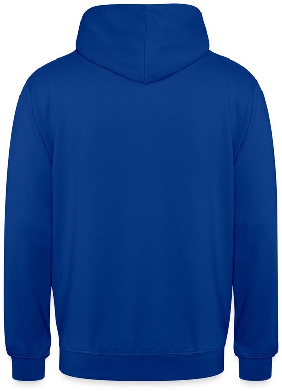 Blauwe hoodie met capuchon, de achterkant is zichtbaar.