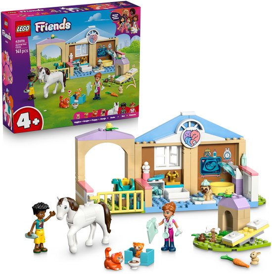 Boîte LEGO Friends Clinique Vétérinaire : cheval, figurines, chats, chiots et lapin.